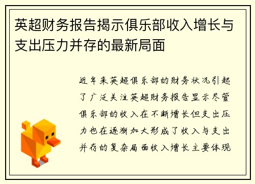 英超财务报告揭示俱乐部收入增长与支出压力并存的最新局面 英超财务报告揭示俱乐部收入增长与支出压力并存的最新局面