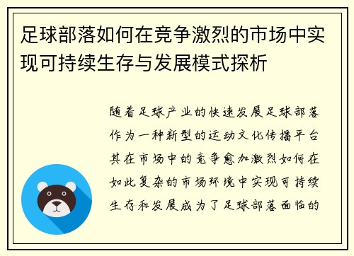 足球部落如何在竞争激烈的市场中实现可持续生存与发展模式探析